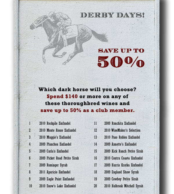 Derby Days! Save 20% | Which dark horse will you choose? Spend $140 or more on any of these thoroughbred wines and save up to 50% as a club member. 1  2010 Rockpile Zinfandel 2 2010 Monte Rosso Zinfandel 3 2010 Maggie's Zinfandel 4 2009 Planchon Zinfandel 5 2009 Carla's Zinfandel 6 2009 Picket Road Petite Sirah 7 2009 Rominger Syrah 8 2011 Aparicio Zinfandel 9 2009 Eagle Point Zinfandel 10  2010 Snow's Lake Zinfandel 11  2009 Ranchita Zinfandel 12  2010 WineMaker's Selection 13  2010 Paso Robles Zinfandel 14  2009 Annette's Zinfandel 15  2009 Kick Ranch Petite Sirah 16  2010 Contra Coasta Zinfandel 17  2009 Harris Kratka Zinfandel 18  2009 England Shaw Syrah 19  2009 Cowboy Petite Sirah 20  2010 Holbrook Mitchell Syrah